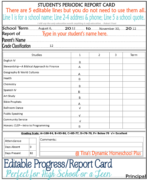 Student\'s Report Card printable template example