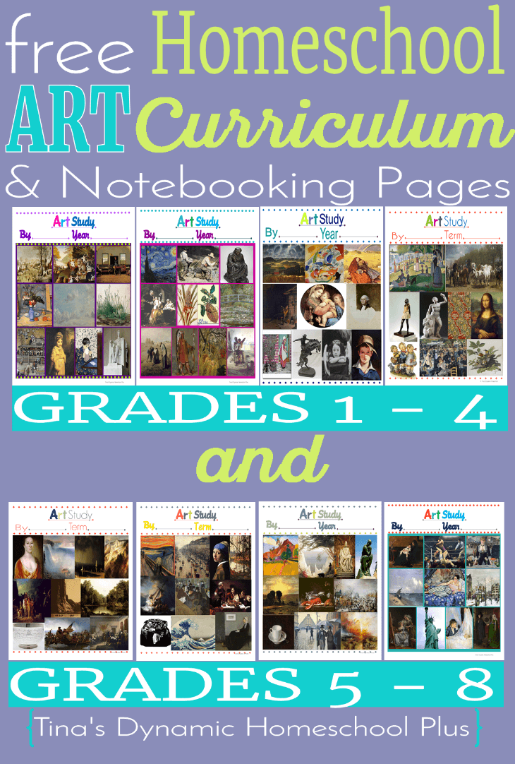 Free Homeschool Art Curriculum & Notebooking pages Grades 1-4 and Grades 5-8 text with image examples of art study pages over a purple colored background