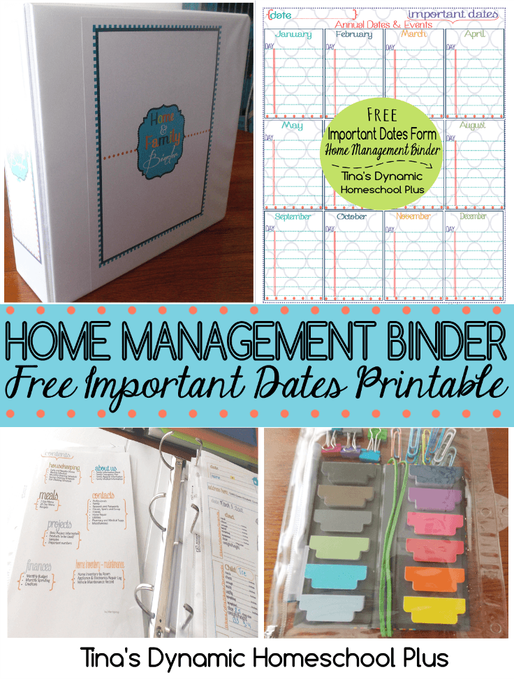 Home Management Binder amd Free Important Dates Printables @ Tina's Dynamic Homeschool Plus