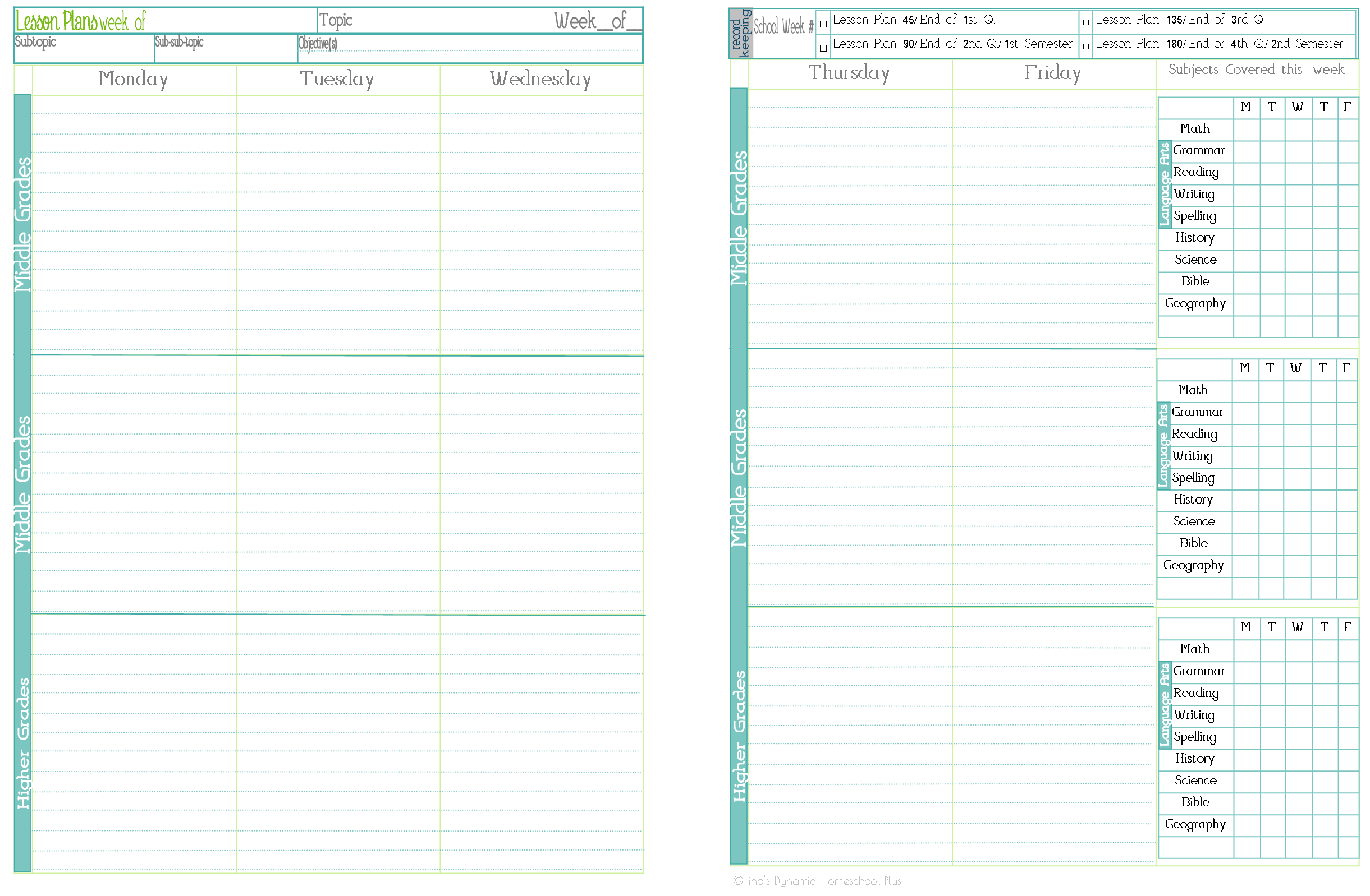 4a Lesson Planning Pages subjects filled in middle school