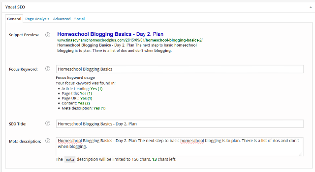 Yoast on the back end view @ Tina's Dynamic Homeschool Plus