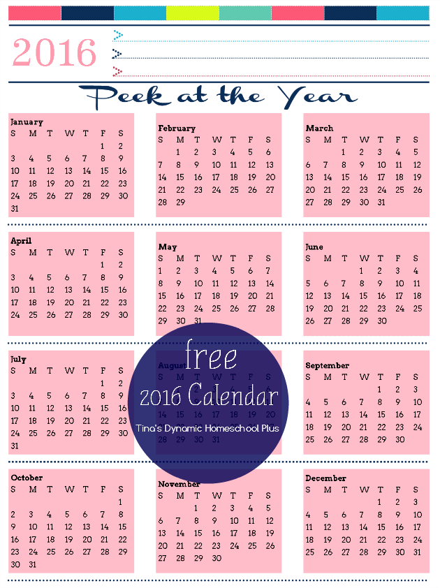 2016 Year Calendar Pink Powder @ Tina's Dynamic Homeschool Plus