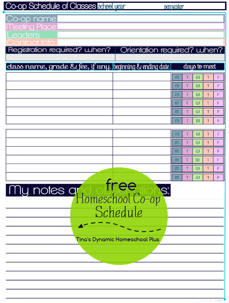 Homeschool Co-op Schedule Free Form @ Tina's Dynamic Homeschool Plus