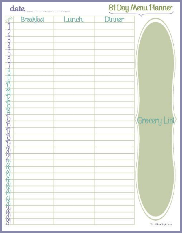 31 Day Menu Planner for planning ALL meals and it's editable too. @ Tina's Dynamic Homeschool Plus