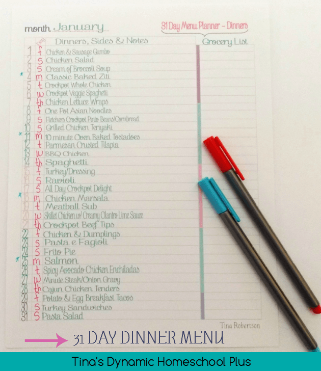 31 day dinner plans for January @ Tina's Dynamic Homeschool Plus