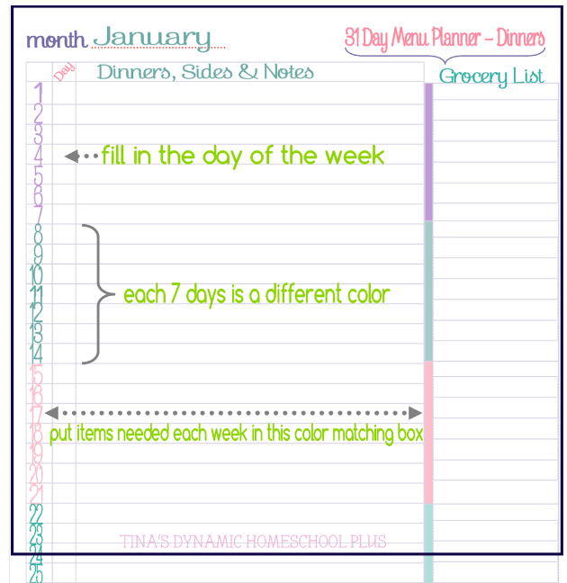 Look how I color coded the menu planner for you to use @ Tina's Dynamic Homeschool Plus