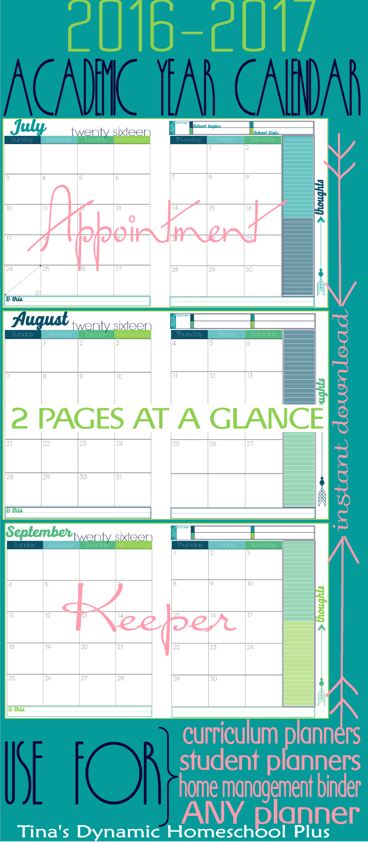 2016 to 2017 Academic Year Turquoise Candy 2 Pages at a Glance @ Tina's Dynamic Homeschool Plus