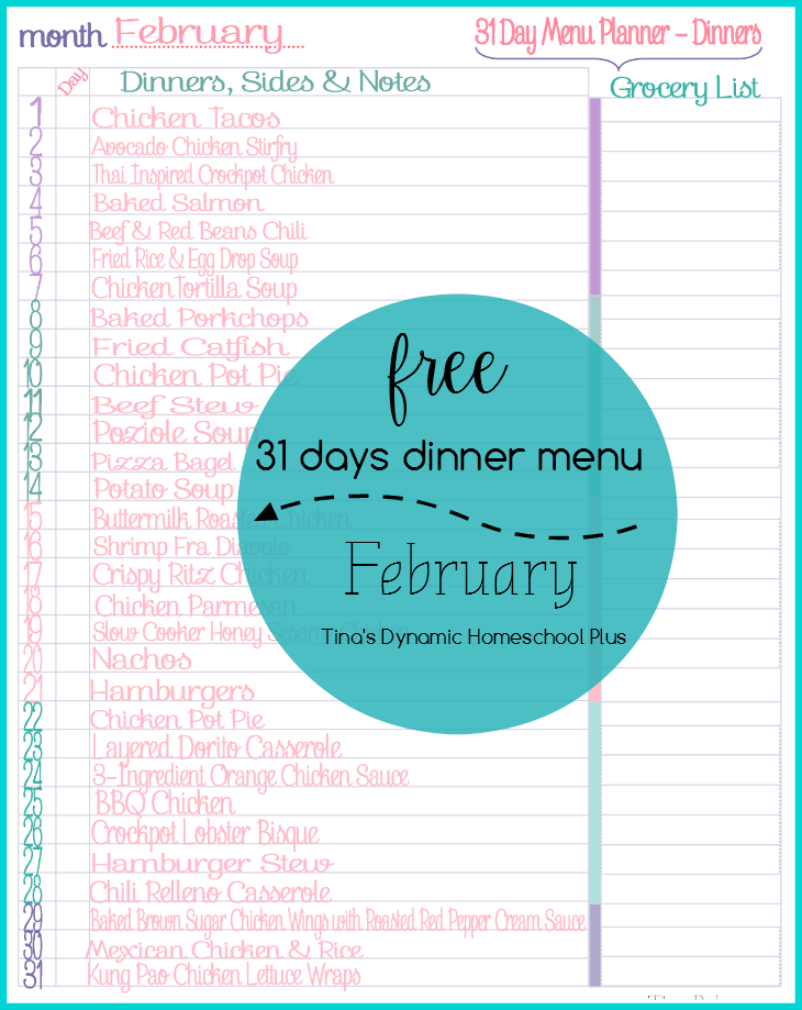 31 days of dinner menu