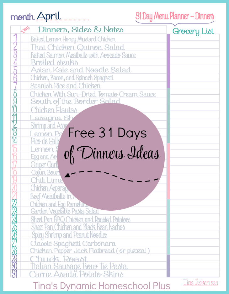 31 days of dinner ideas for April, for those busy homeschool evenings @ Tina's Dynamic Homeschool Plus