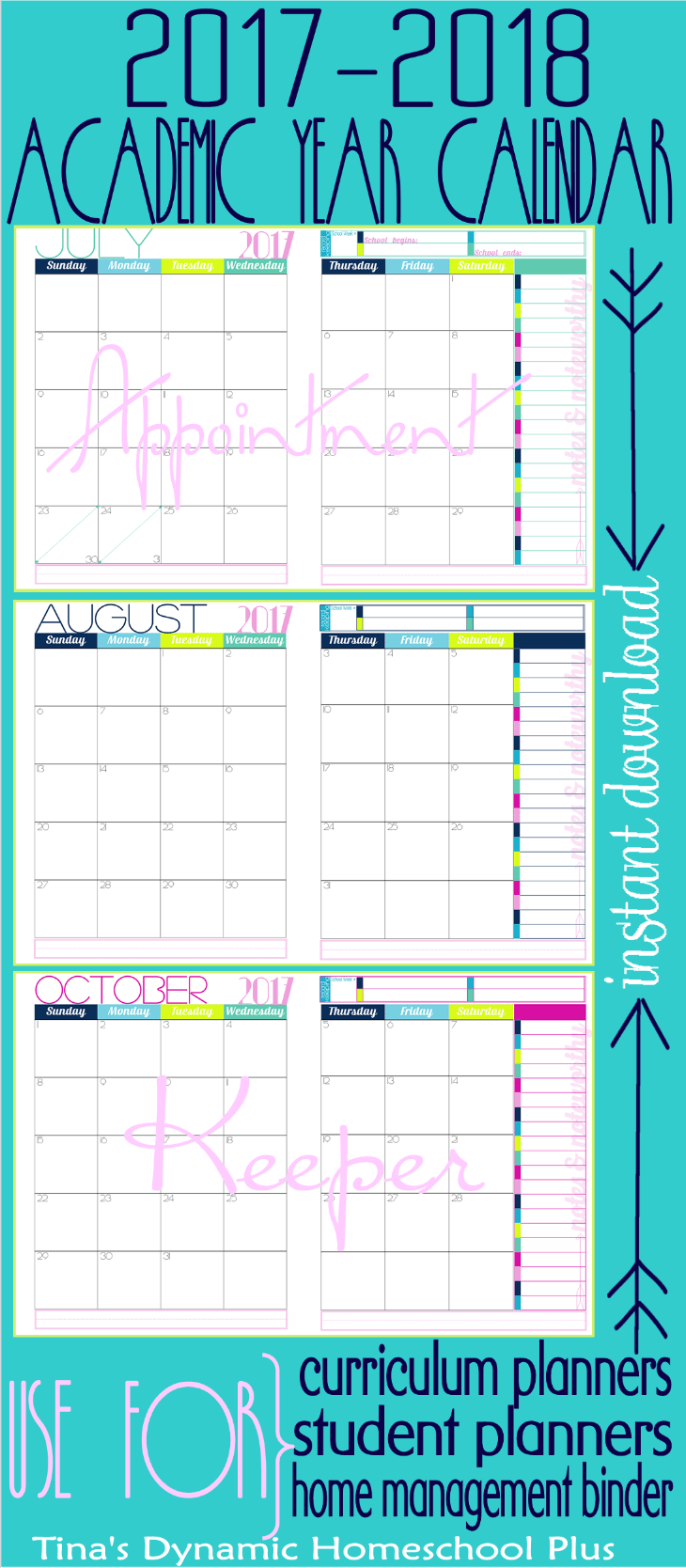 2017 to 2018 Academic Year Glamorous 2 Pages at a Glance. Grab it @Tina's Dynamic Homeschool Plus