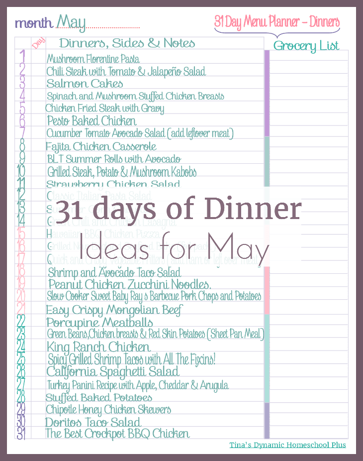 May 31 Days of Dinner Ideas for easy meal planning for harried homeschool days @ Tina's Dynamic Homeschool Plus