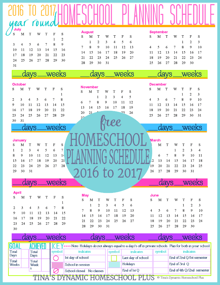 2016 to 2017 Year Round Homeschool Planning Schedule. Begin building your free 7 Step Homeschool Planner. Not another like it! Color luv color scheme @ Tina's Dynamic Homeschool Plus