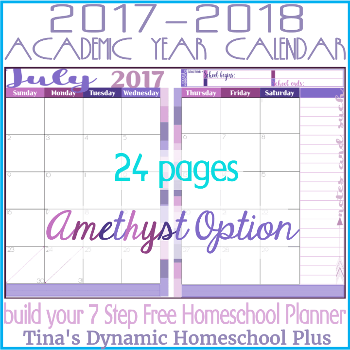 Grab this beautiful and in color 2 page per month academic calendar. You get ALL 12 months. It’s academic because it begins in July when you begin homeschool planning. And it has 12 months if you’re like me and plan year around. You’ll love this Amethyst color option. Use it to begin building your 7 Step Free Homeschool Planner. Click here to grab it! 