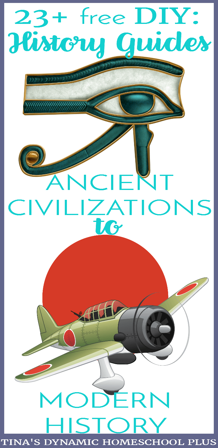 23 free DIY History Guides from Ancient Civilization to Modern History. Unlike skill subjects which require a certain sequence of objectives to follow, a content subject like history does not. Creating diy history guides become a way of hooking your kids on history because the focus is on topics which interests them. Click here to grab the guides!