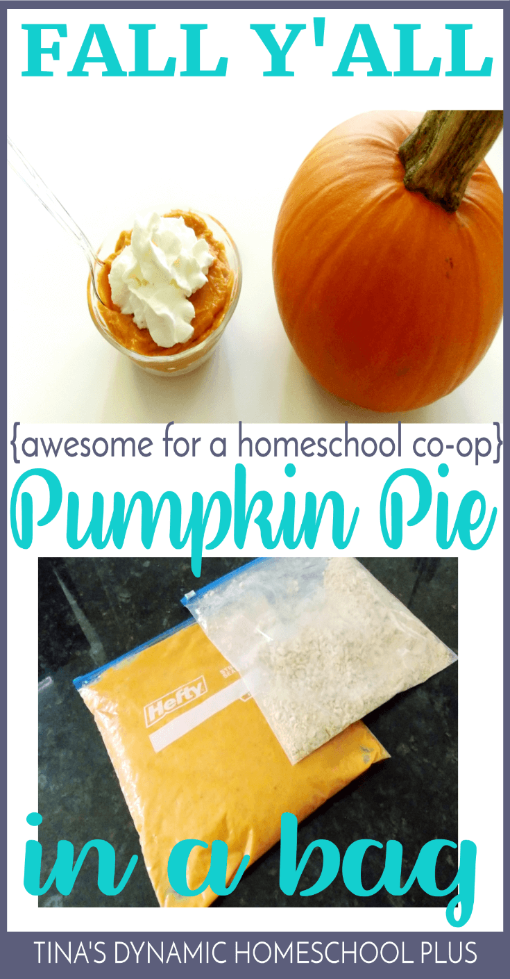 Fall Y'all. This is a fun activity for a homeschool co-op. Make pumpkin pie in a bag. Scoot by and see how to make this EASY activity. Your kids will love it. Click here! #pumpkin #homeschool