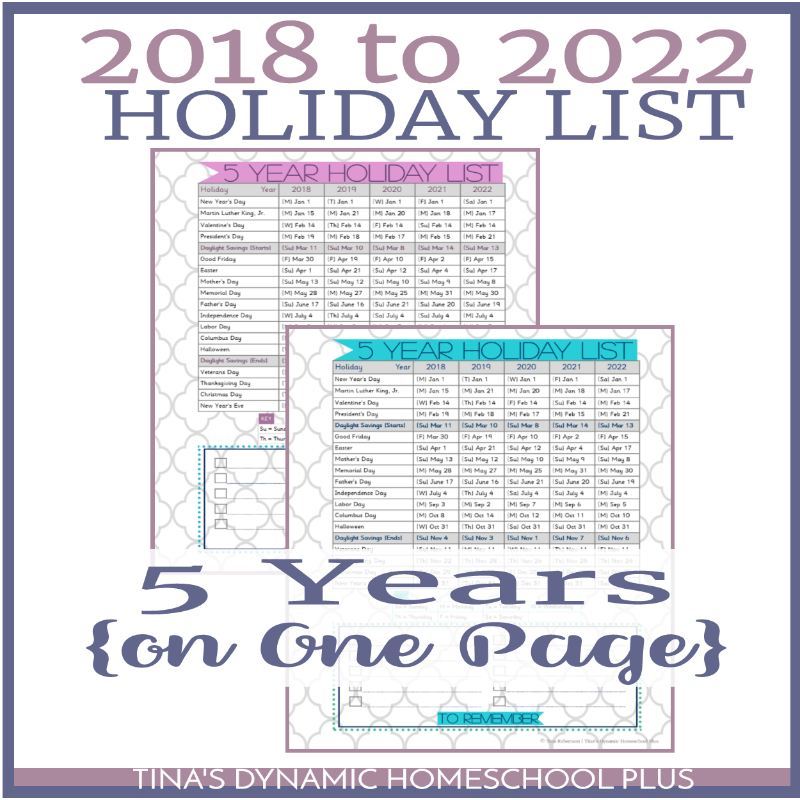 Add one or two of these pages to your planner. It is 5 years of holiday dates and daylight savings dates on one page for easy reference. It is a nifty hard- working tool because I use it for both short-term and long-term planning. There are two BEAUTIFUL colorful choices. Click here to grab your free copy