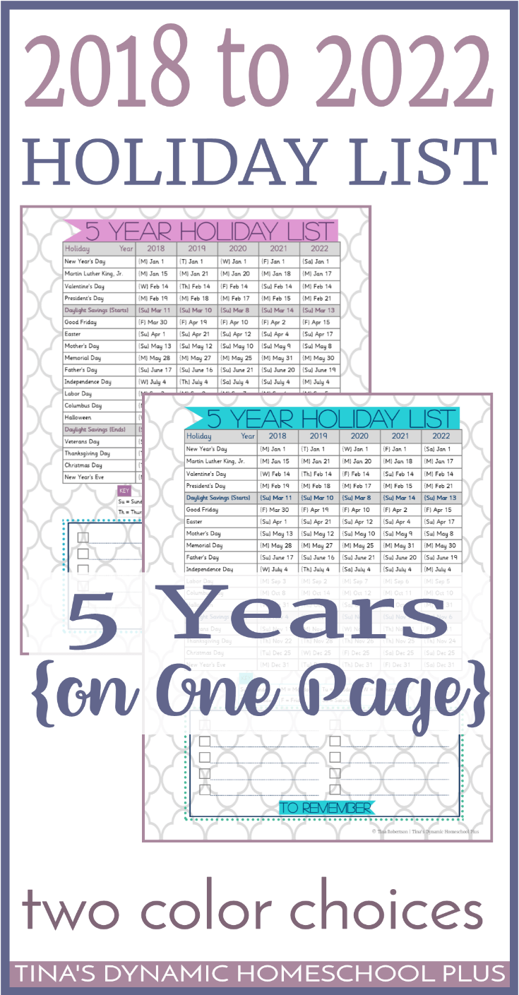 Add one or two of these pages to your planner. It is 5 years of holiday dates and daylight savings dates on one page for easy reference. It is a nifty hard- working tool because I use it for both short-term and long-term planning. There are two BEAUTIFUL colorful choices. Click here to grab your free copy