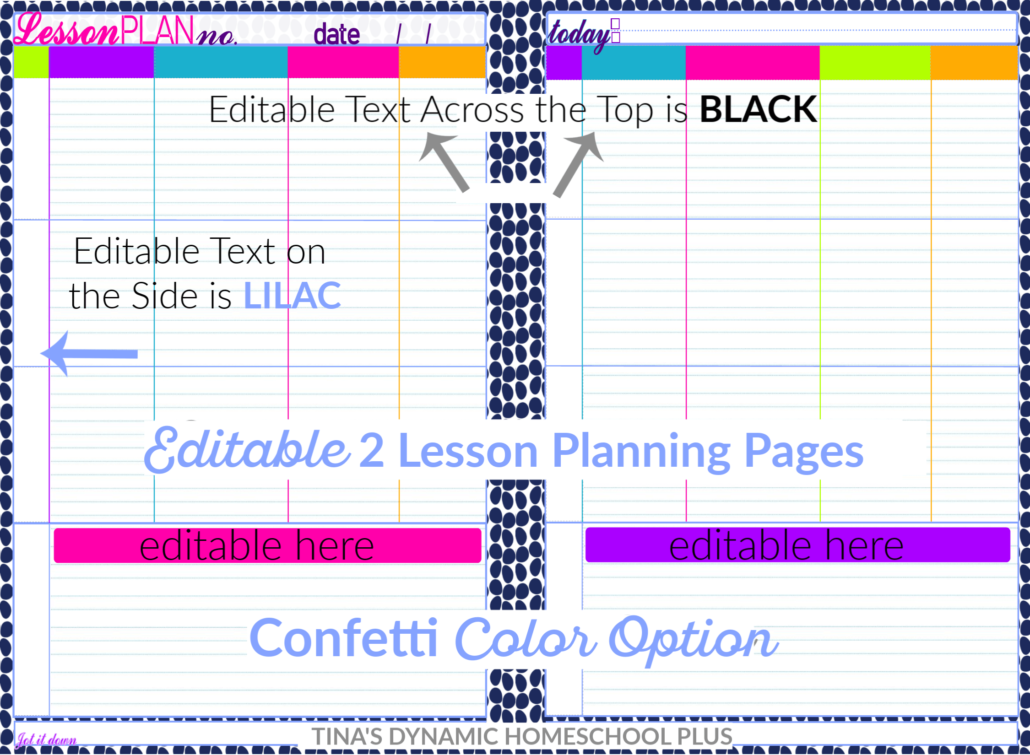 Confetti 2 Page Editable Homeschool Lesson Planning Pages @ Tina's Dynamic Homeschool Plus