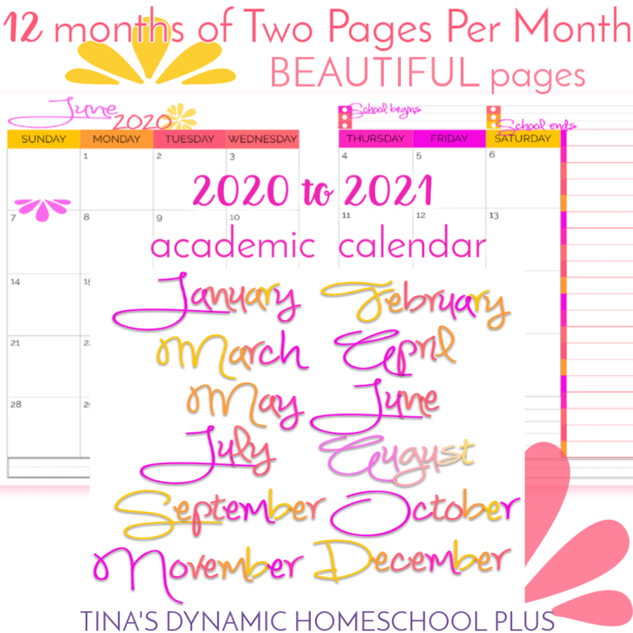 2020 to 2021 Two Page Per Month BEAUTIFUL calendars at Tina's Dynnamic Homeschool Plus