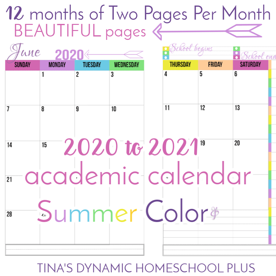 2020 to 2021 Two Page Per Month BEAUTIFUL calendars at Tina's Dynnamic Homeschool Plus