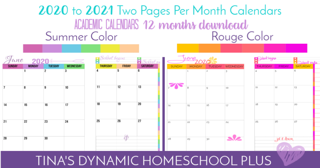 2020 to 2021 Two Page Per Month BEAUTIFUL calendars at Tina's Dynnamic Homeschool Plus