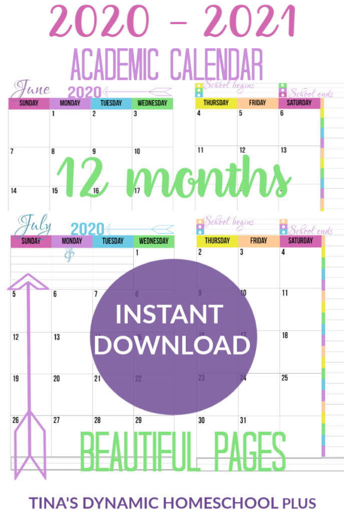 2020 to 2021 Two Pages Per month Academic calendar. Great for homeschool planners at Tina's Dynamic Homeschool Plus