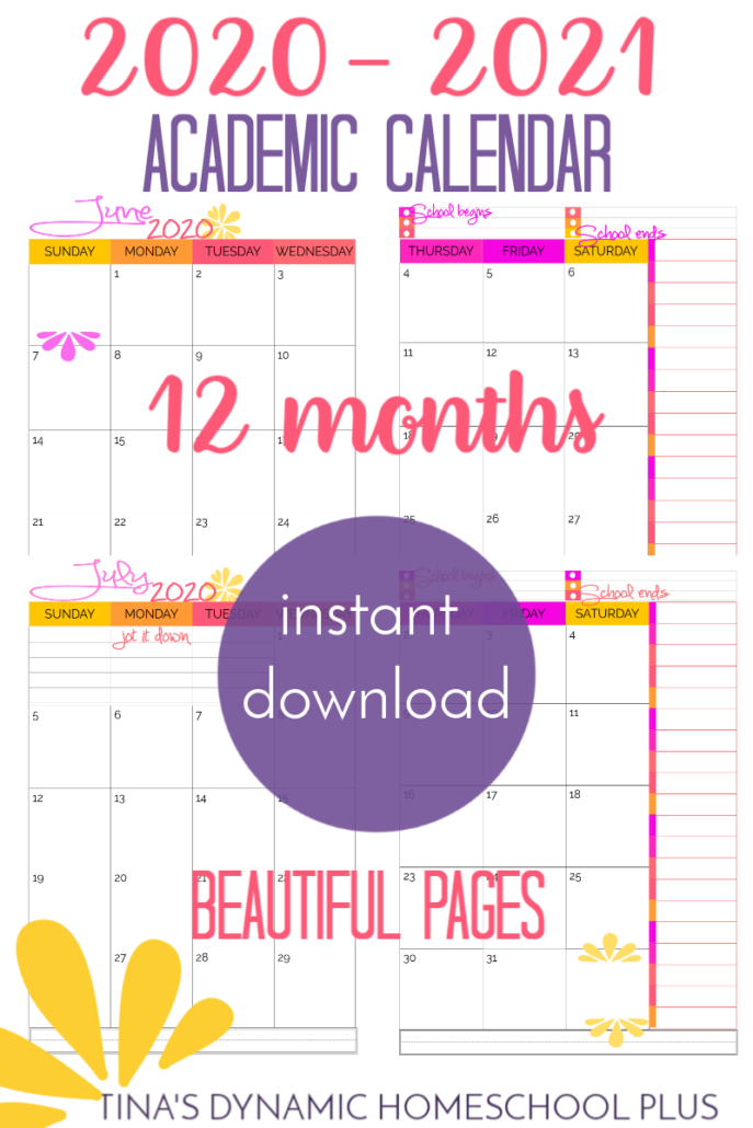 2020 to 2021 Two Pages Per month Academic calendar. GORGEOUS pages! Great for homeschool planners at Tina's Dynamic Homeschool Plus