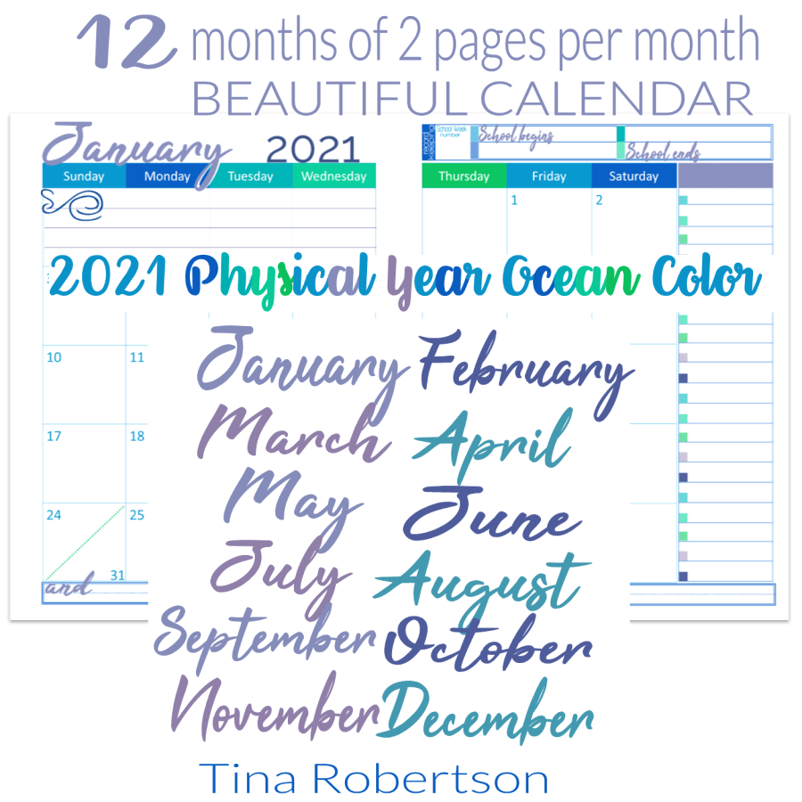 Beautiful 2021 Physical Year Calendar Two Pages Per Month