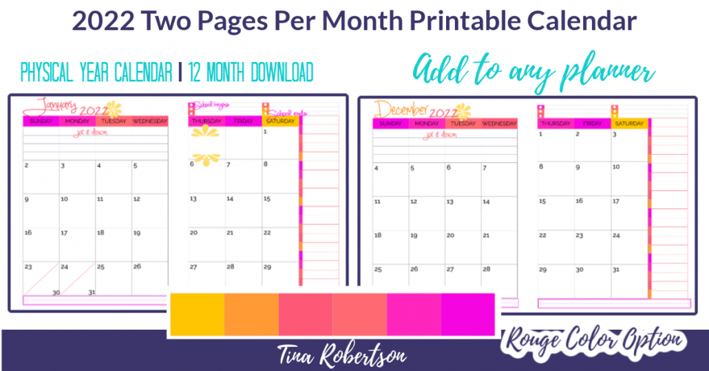 Two Page Monthly Calendar Template 2022 Beautiful And Colorful 2022 Two Page Monthly Calendar (Rouge)