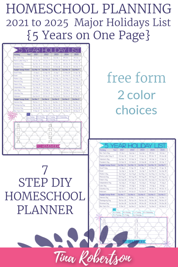 Free Form for Planning Homeschool and Holidays 2021-2025 