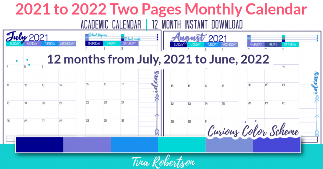 Beautiful and Colorful 2021 to 2022 Two Page Monthly Calendar Curious