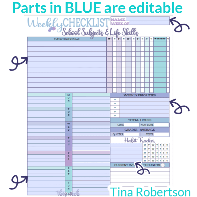 Editable and Pretty Weekly Checklist for Homeschooled Kids