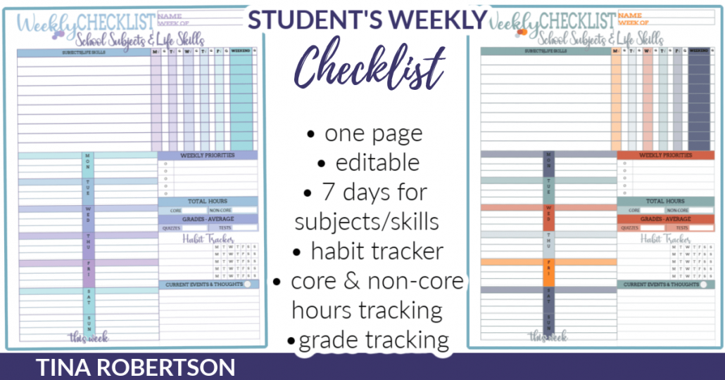 Editable and Pretty Weekly Checklist for Homeschooled Kids