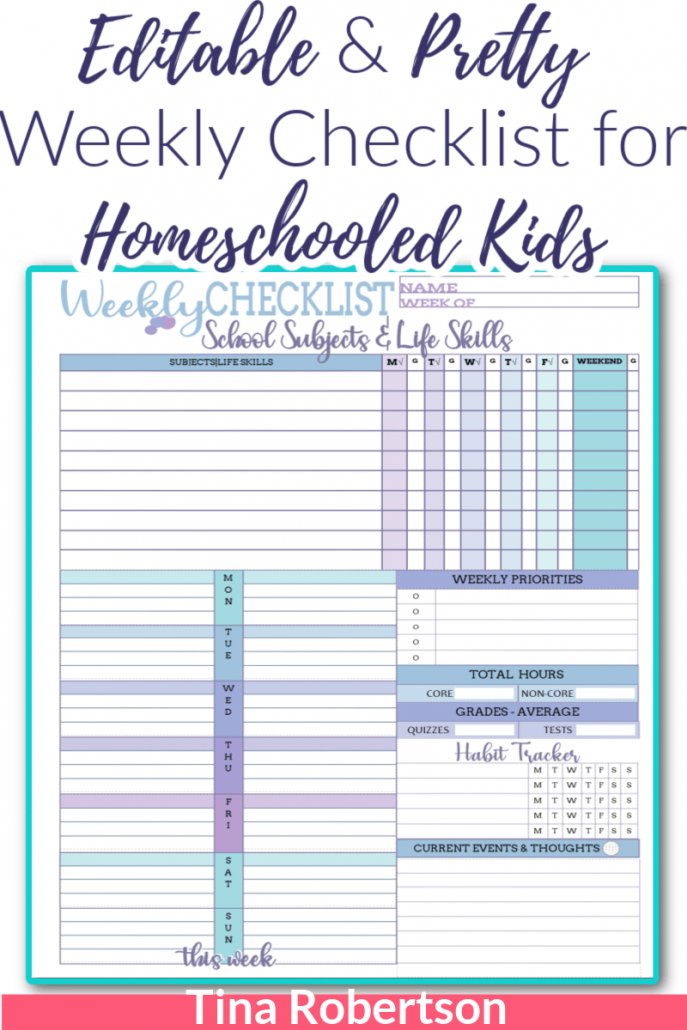 Editable and Pretty Weekly Checklist for Homeschooled Kids packs a lot of options on this one beautiful page. There are two color schemes with this one download. If you’re wanting to homeschool plan skinny or are looking for another option of lesson planning page to your homeschool planner you’ll love this weekly checklist for your homeschooled child. Check it out at Tina’s Dynamic Homeschool Plus!