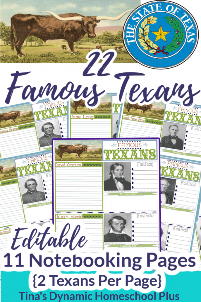 22 Famous Texans Notebooking Pages For a Fun History Study (Editable)