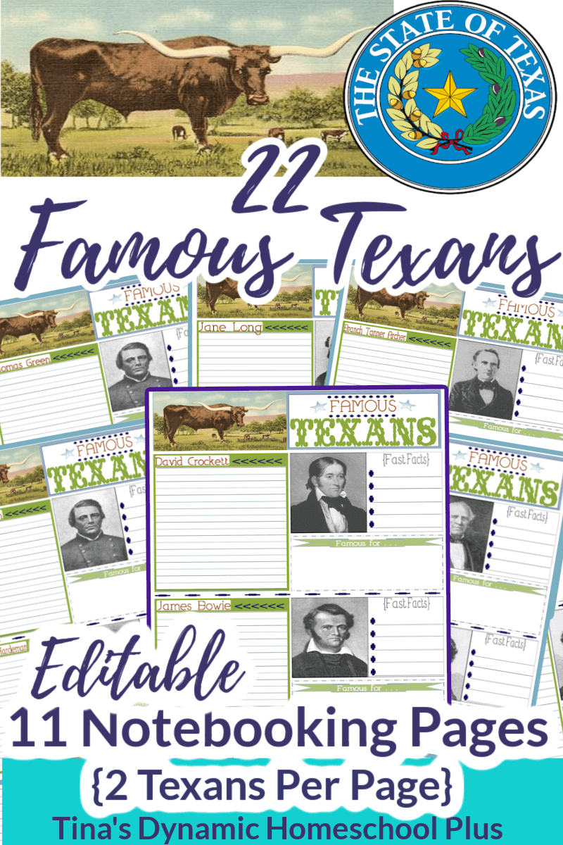 22 Famous Texans Notebooking Pages (editable) For a Fun History Study