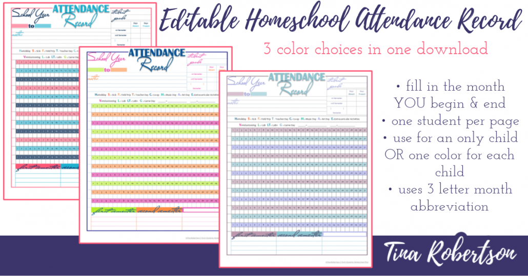 Colorful and Editable Homeschool Student Attendance Record
